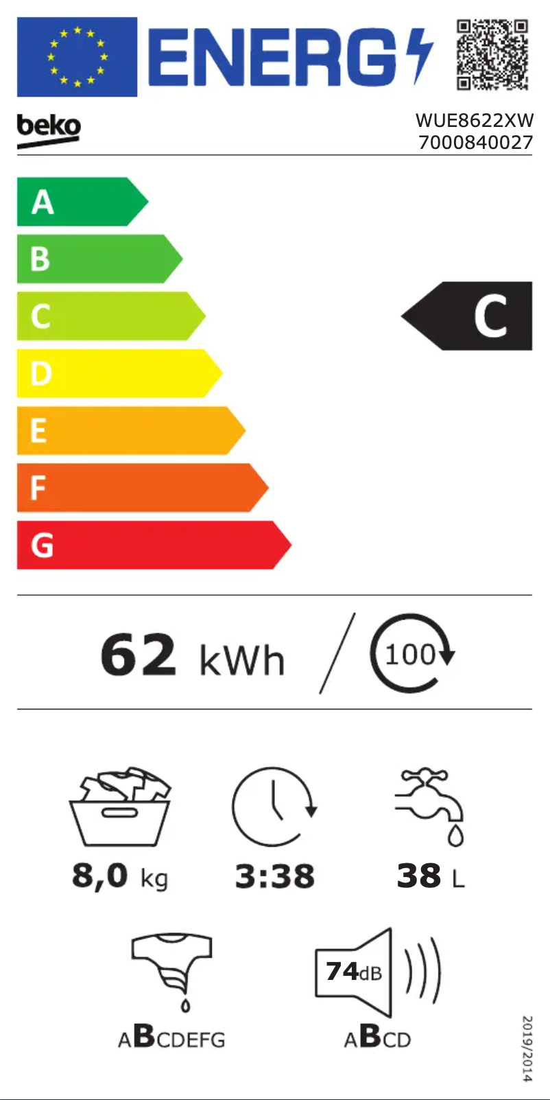 Página 1 del manual Etiqueta energética Beko WUE 8622 XW