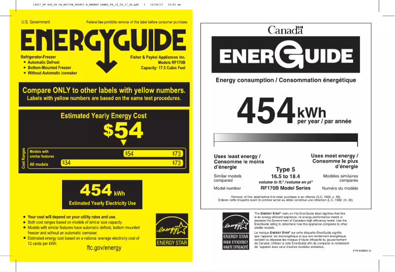 Página 1 del manual Etiqueta energética Fisher & Paykel RF170BRPW6_N