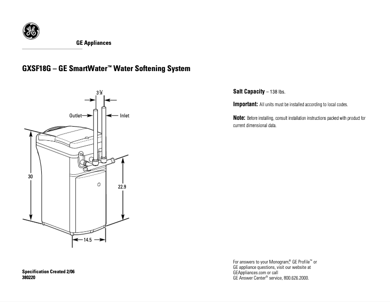 Página 1 del manual Ficha técnica GE GXSF18G