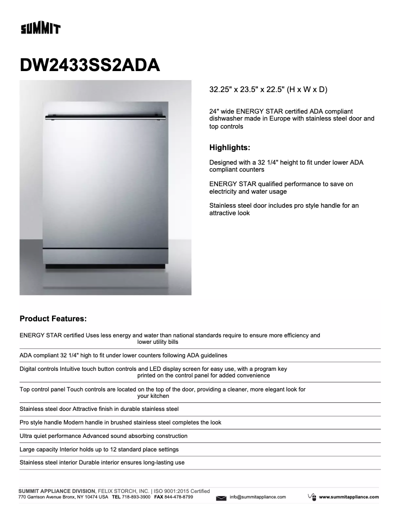 Página 1 del manual Ficha técnica Summit DW2433SS2ADA