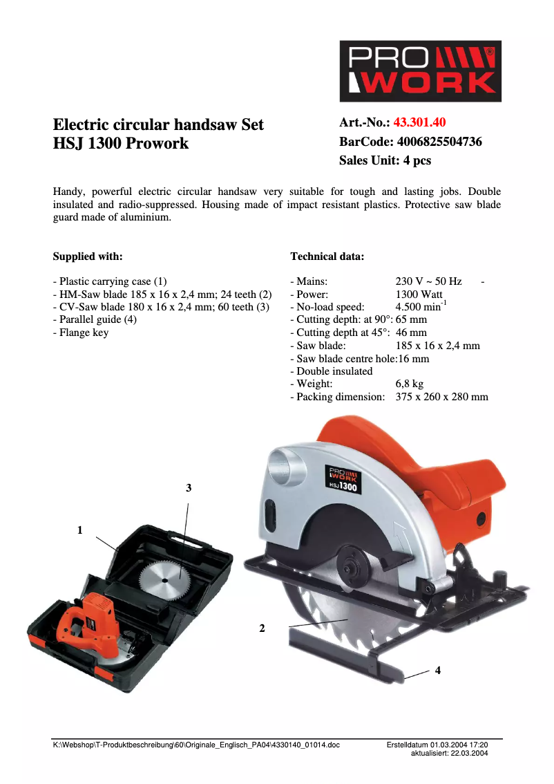 Página 1 del manual Ficha técnica Prowork HSJ 1300