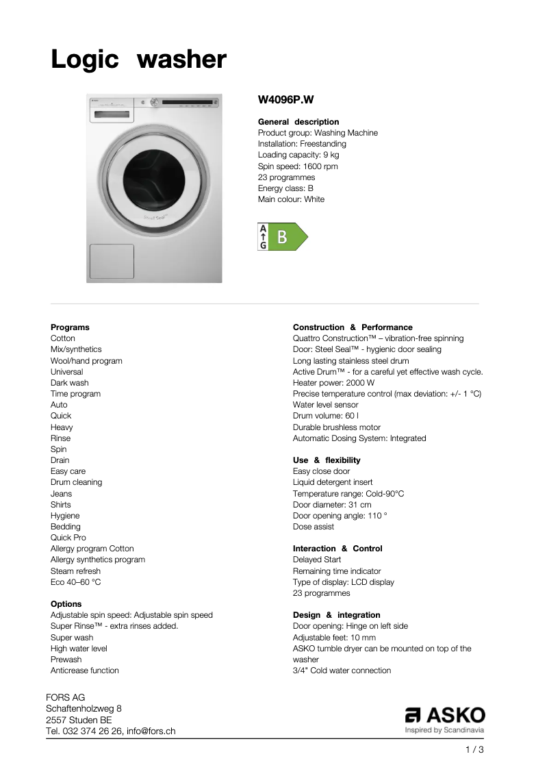 Página 1 del manual Ficha técnica Asko W4096P