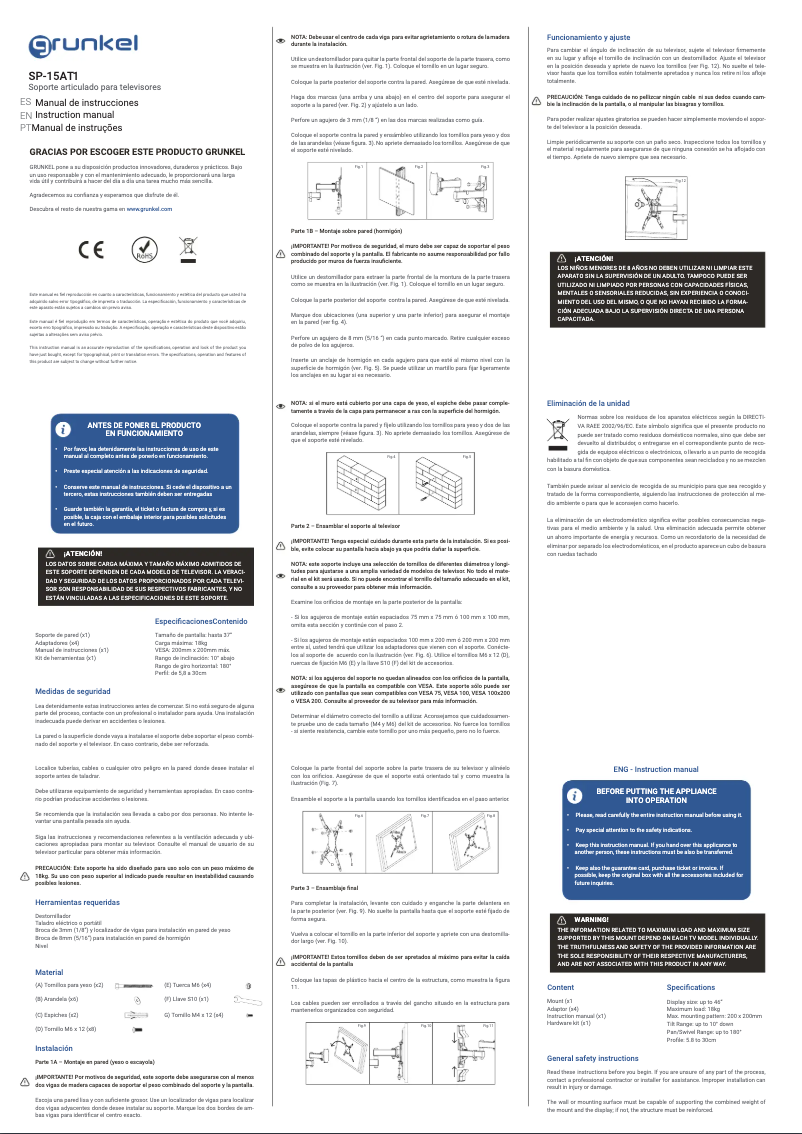 Imagen de la primera página del manual del dispositivo SP-15AT1
