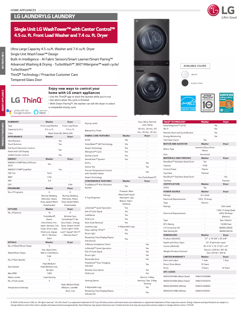 Página 1 del manual Ficha técnica LG WKGX201HBA
