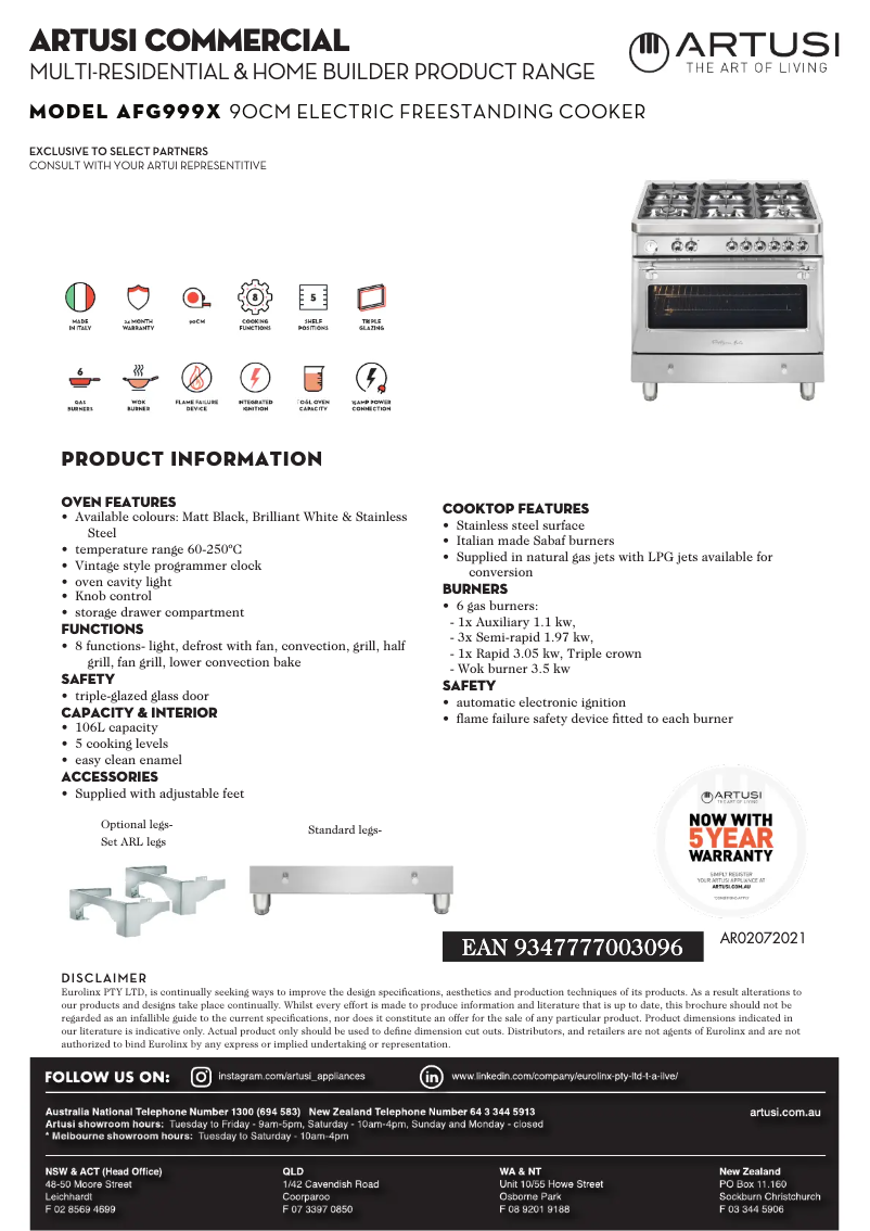 Página 1 del manual Ficha técnica Artusi AFG999X