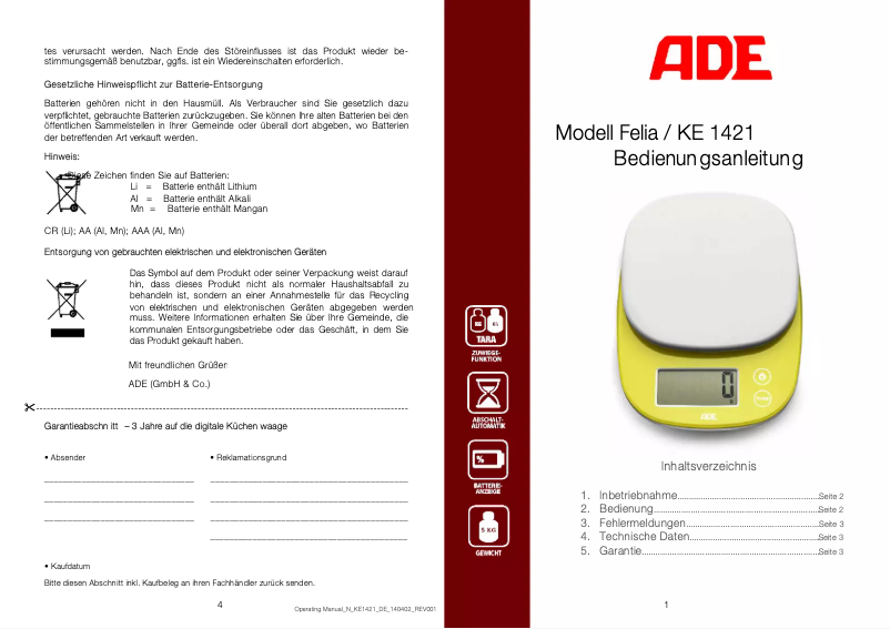 Imagen de la primera página del manual del dispositivo Felia KE 1421