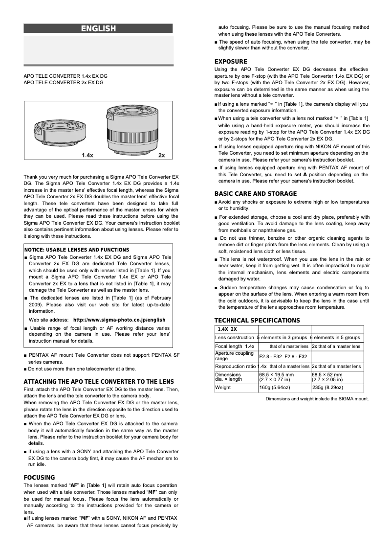Imagen de la primera página del manual del dispositivo 2x DG Tele Converter