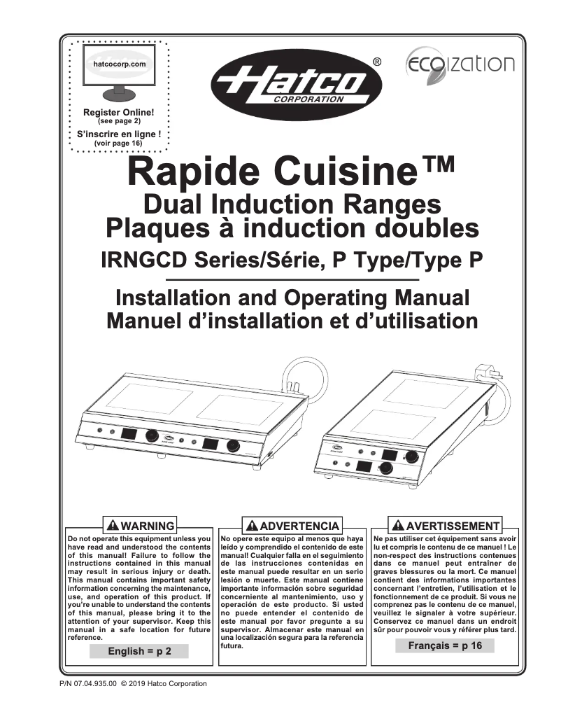 Página 1 del manual Manual de usuario Hatco Rapide Cuisine IRNG-PC2S-36