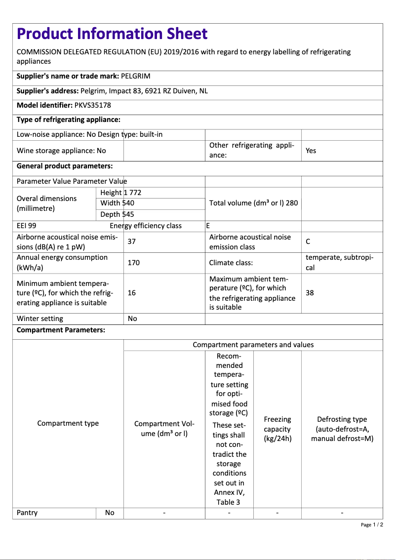 Página 1 del manual Ficha técnica Pelgrim PKVS35178