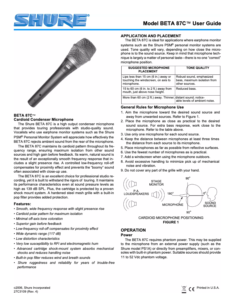 Página 1 del manual Manual de usuario Shure BETA 87C