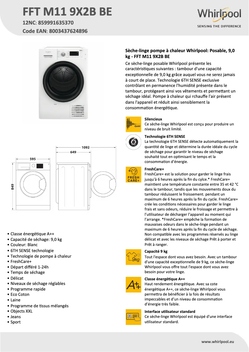 Página nº 1 - Ficha técnica Whirlpool FFT M11 9X2B BE