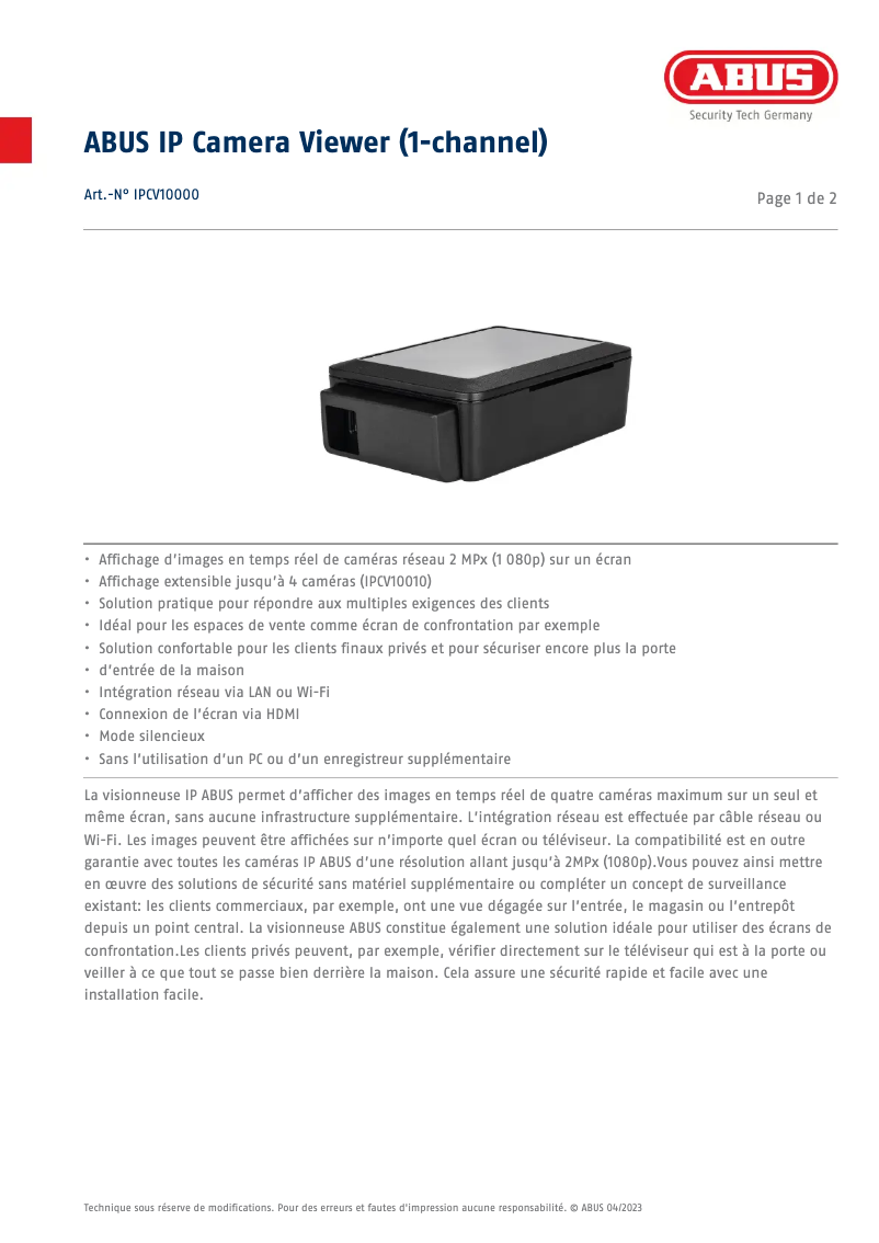 Página 1 del manual Ficha técnica Abus IPCV10000