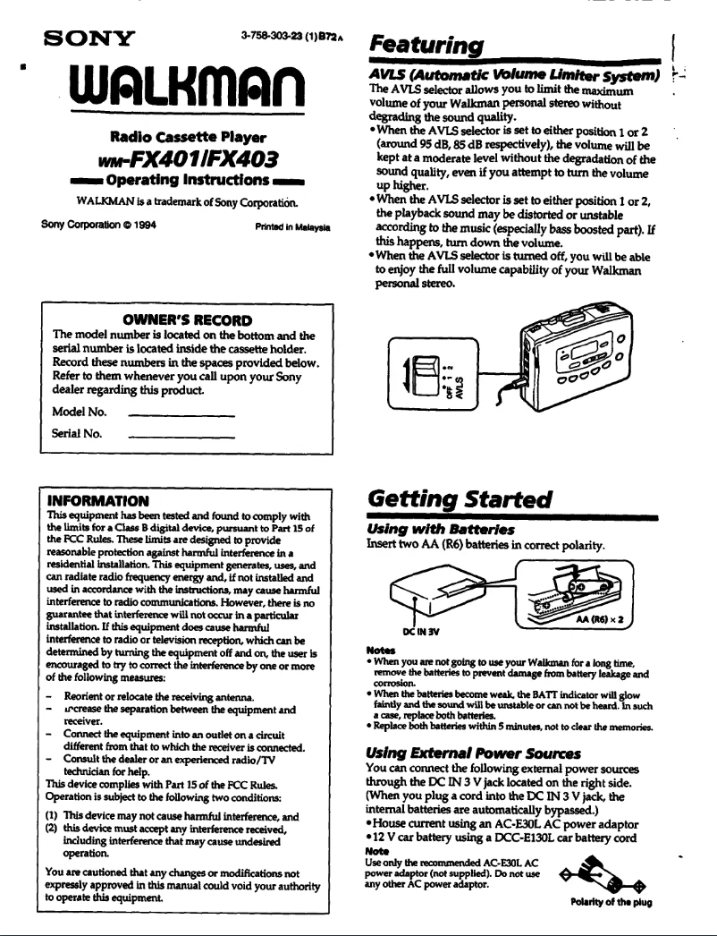 Página 1 del manual Manual de usuario Sony Walkman WM-FX401