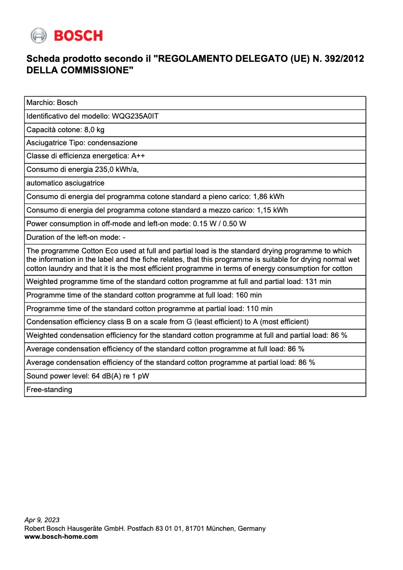 Página 1 del manual Ficha técnica Bosch WQG235A0IT