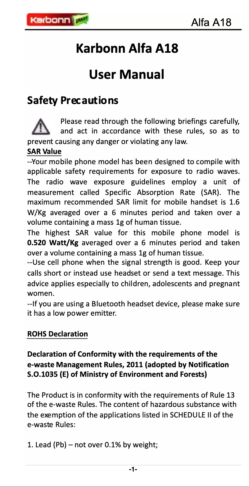 Página 1 del manual Manual de usuario Karbonn Alfa A18