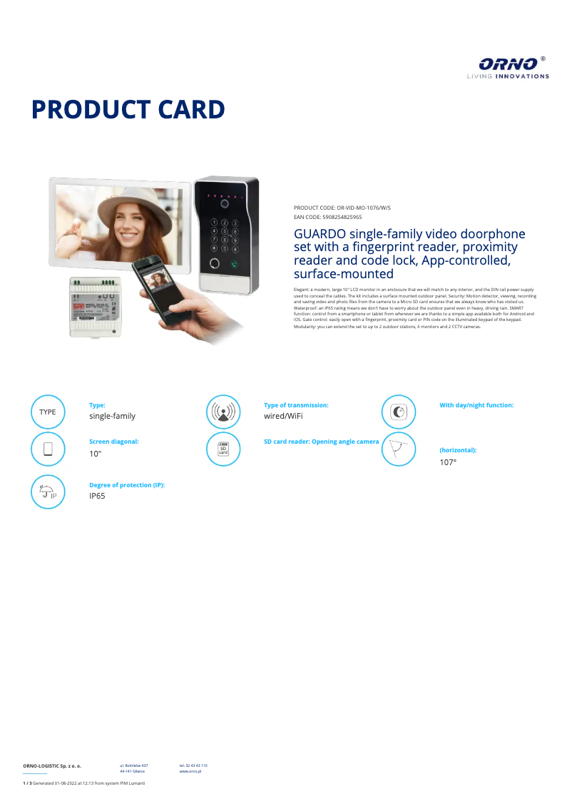 Página 1 del manual Ficha técnica ORNO OR-VID-MO-1076