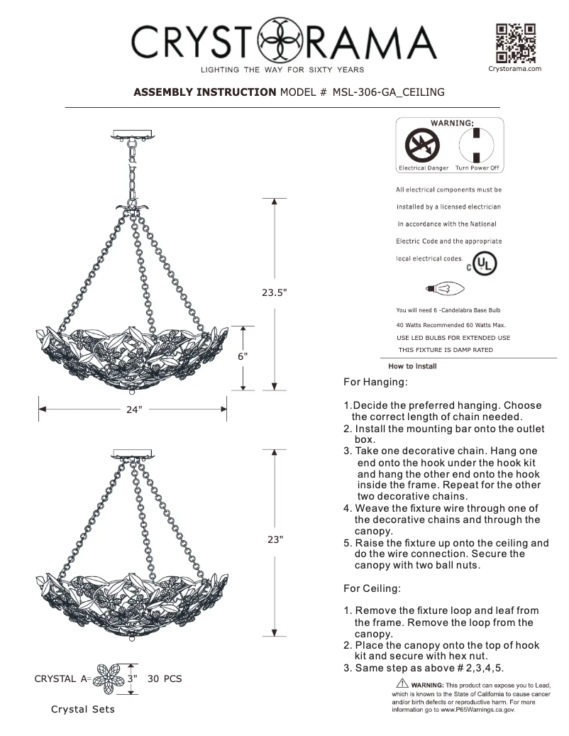 Página 1 del manual Manual de usuario Crystorama Marselle MSL-306-GA_CEILING