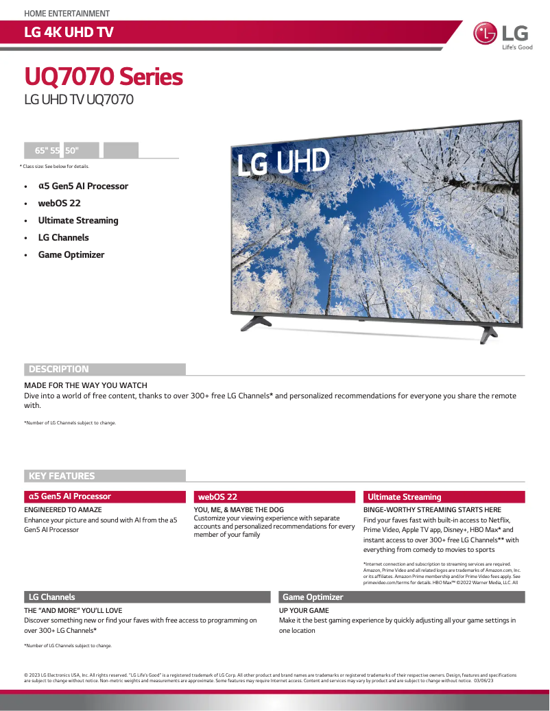 Página 1 del manual Ficha técnica LG 65UQ7070ZUE