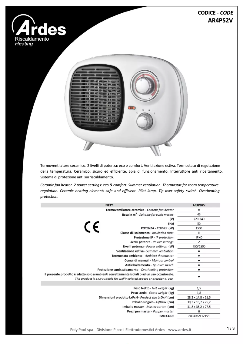 Página 1 del manual Ficha técnica Ardes AR4P02V