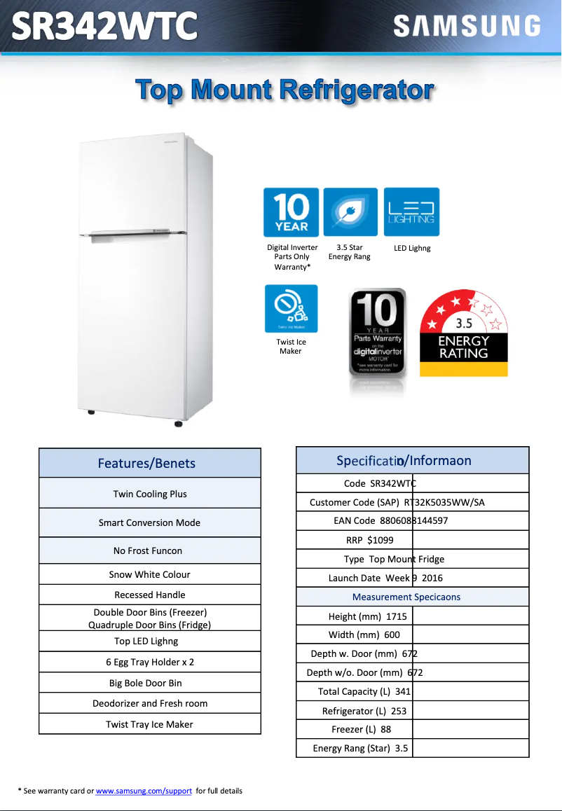 Página 1 del manual Ficha técnica Samsung SR342WTC