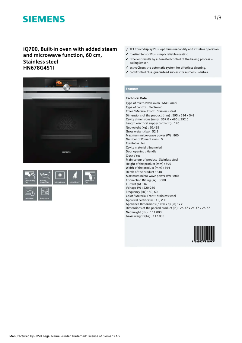 Página 1 del manual Ficha técnica Siemens HN678G4S1I