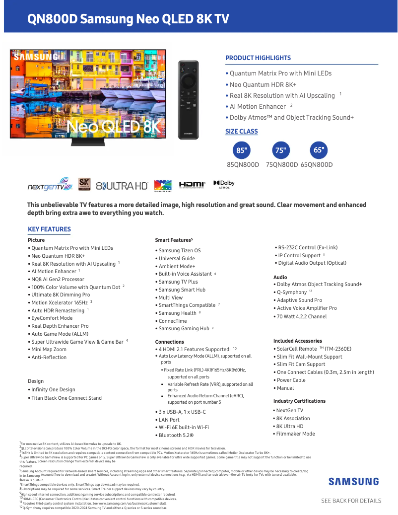 Página 1 del manual Ficha técnica Samsung QN65QN800DF