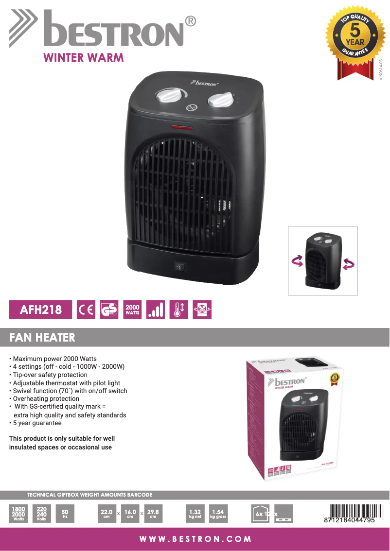 Página 1 del manual Ficha técnica Bestron AFH218