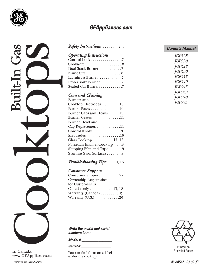 Imagen de la primera página del manual del dispositivo Profile JGP945WEKWW