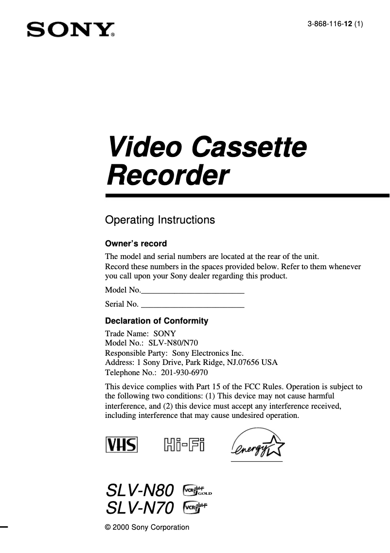 Página 1 del manual Manual de usuario Sony SLV-N80