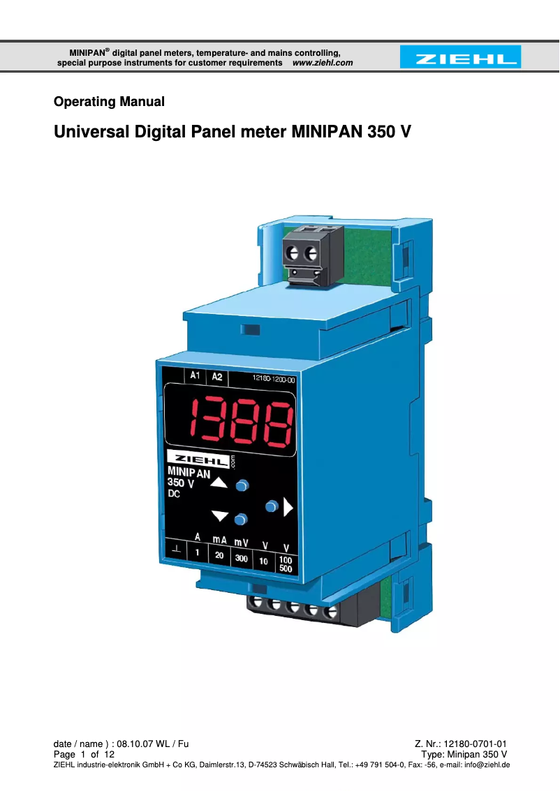 Página 1 del manual Manual de usuario Ziehl MINIPAN 350 V