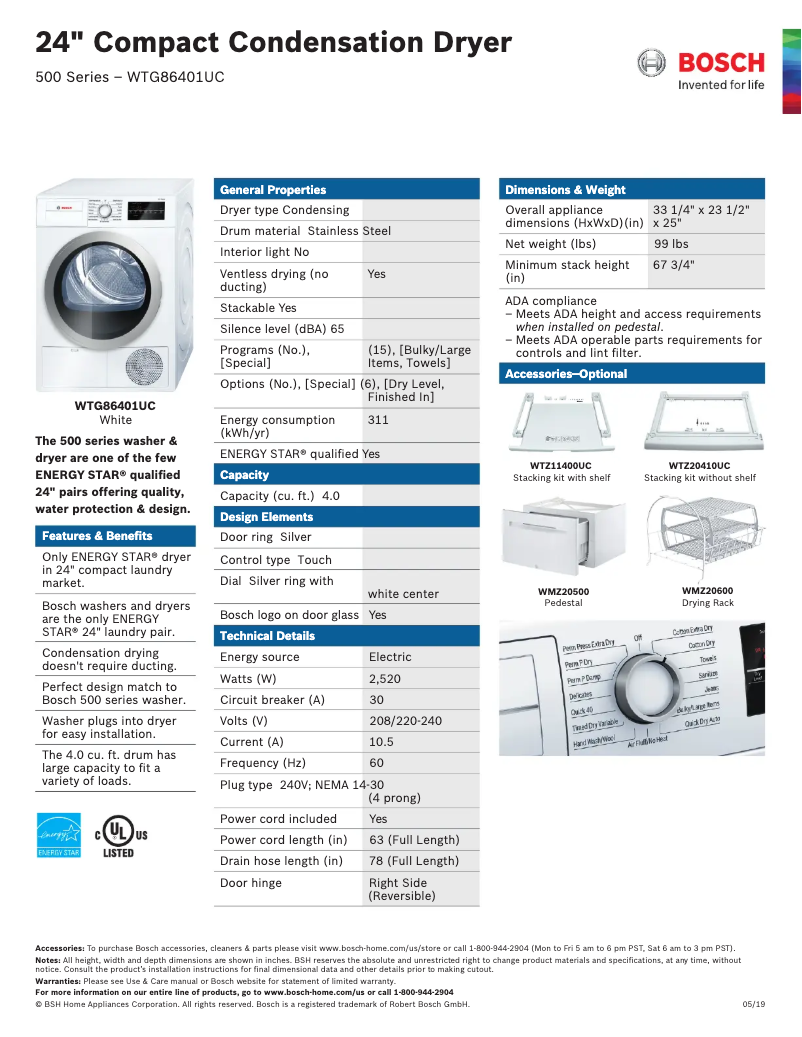 Página 1 del manual Ficha técnica Bosch WTG86401UC