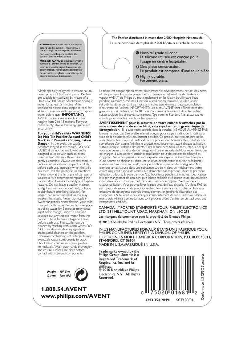 Imagen de la primera página del manual del dispositivo AVENT SCF191