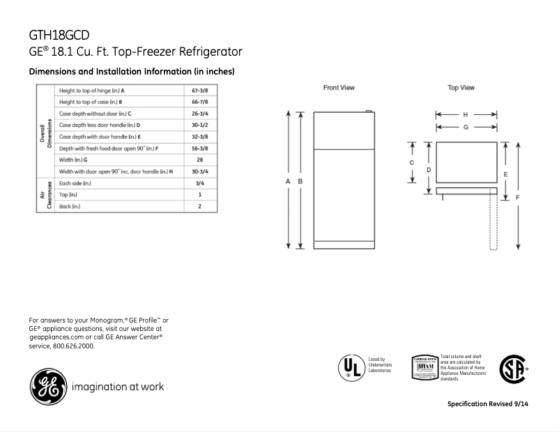 Página 1 del manual Ficha técnica GE GTH18GCDBB