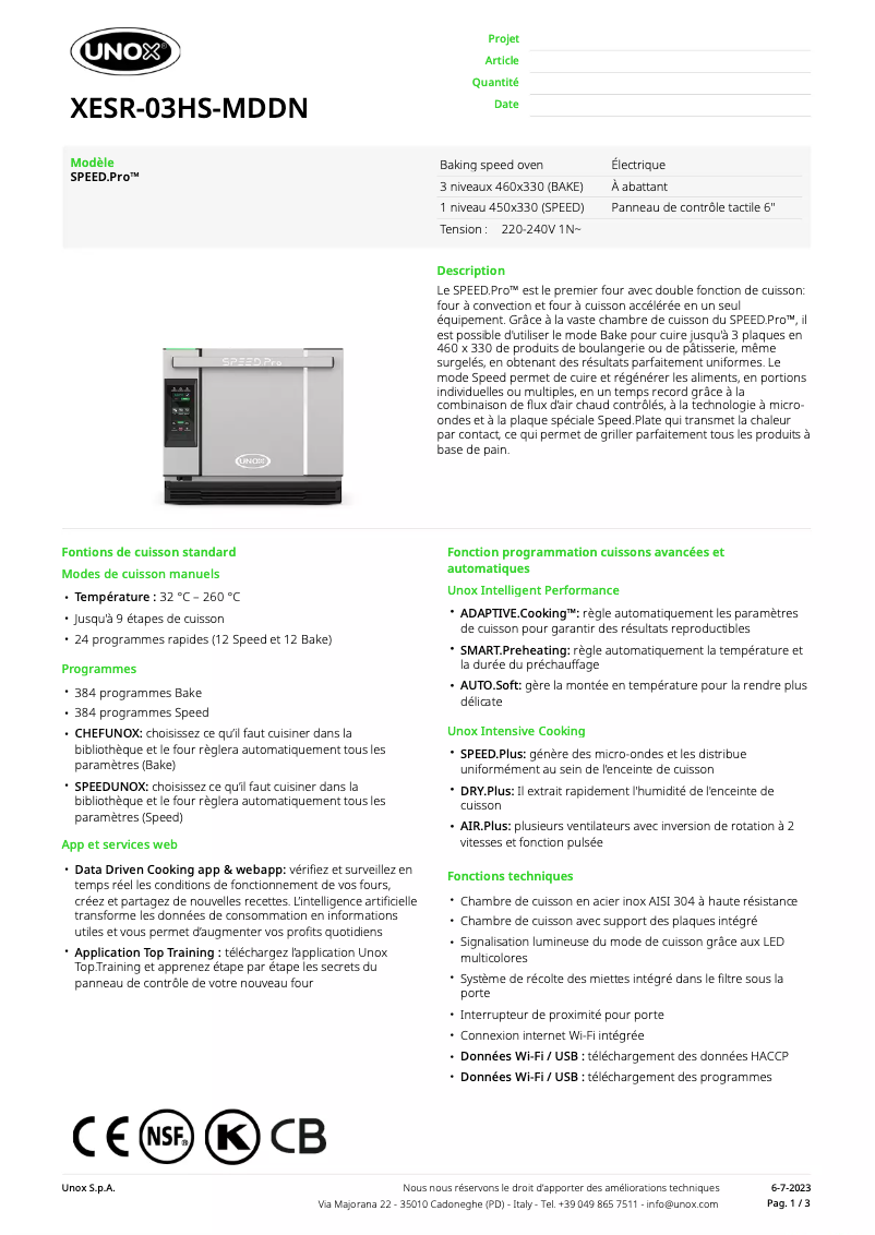 Página 1 del manual Ficha técnica Unox SPEED.Pro