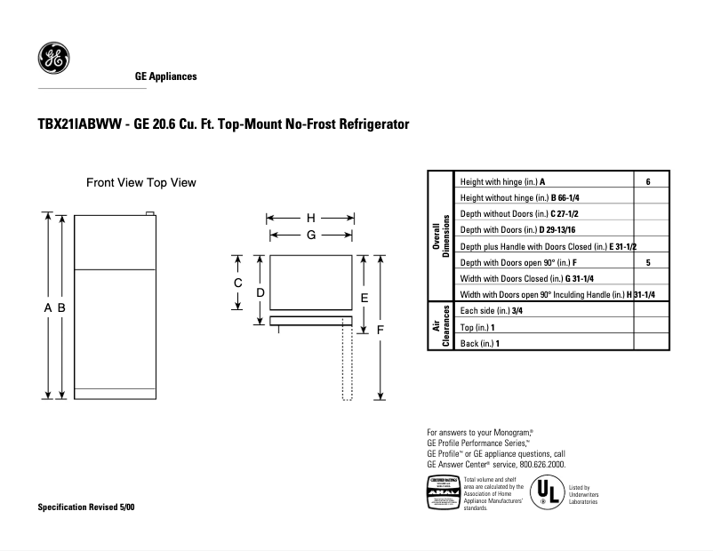 Página 1 del manual Ficha técnica GE TBX21IABWW