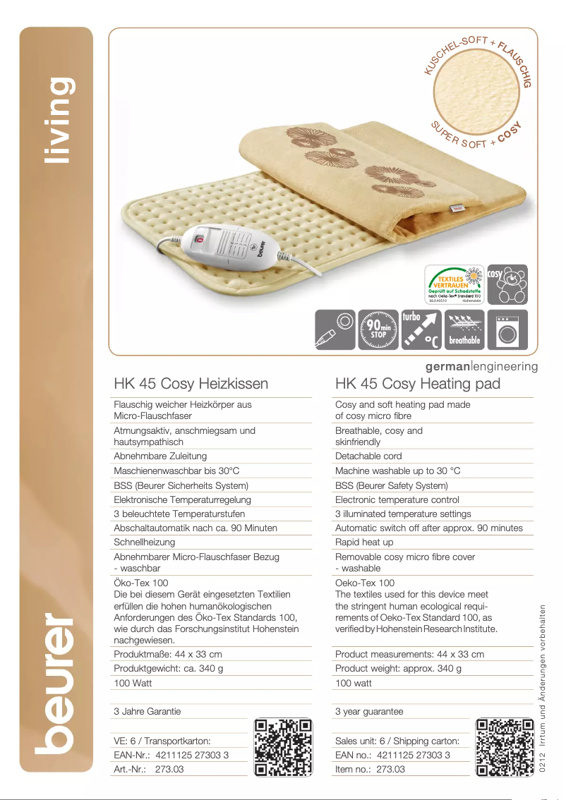 Página 1 del manual Ficha técnica Beurer HK 45