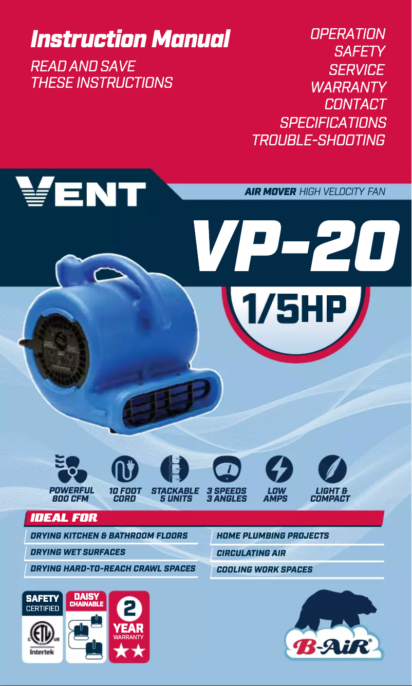 Imagen de la primera página del manual del dispositivo Vent VP-20