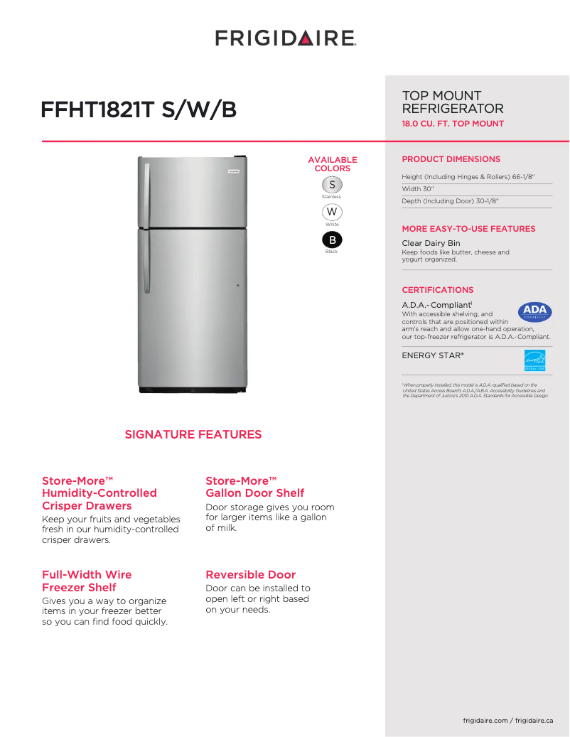Página 1 del manual Ficha técnica Frigidaire FFHT1821T