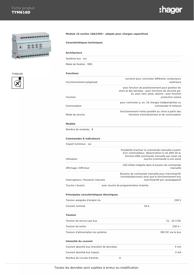 Página 1 del manual Ficha técnica Hager TYM616D