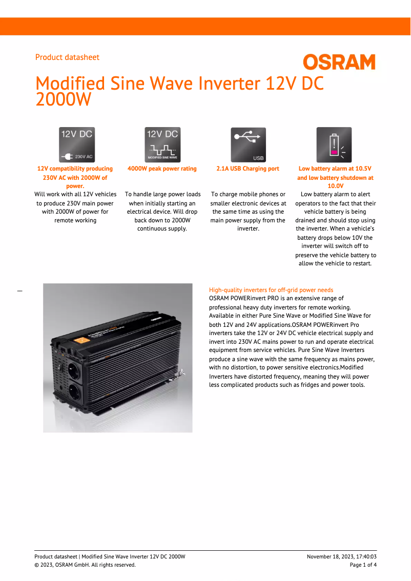 Página 1 del manual Ficha técnica Osram Modified Sine Wave 12V DC 2000W