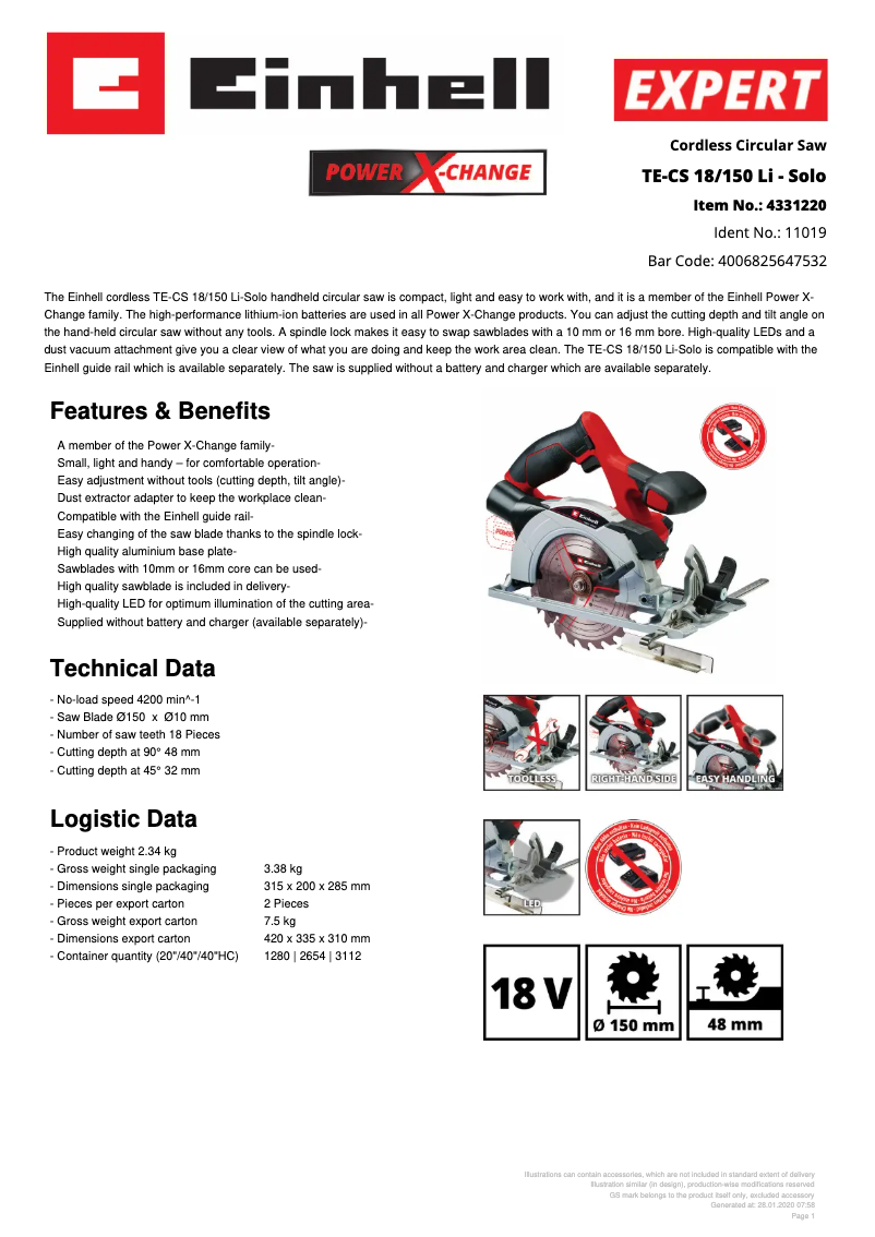 Página 1 del manual Ficha técnica Einhell TE-CS 18/150 Li