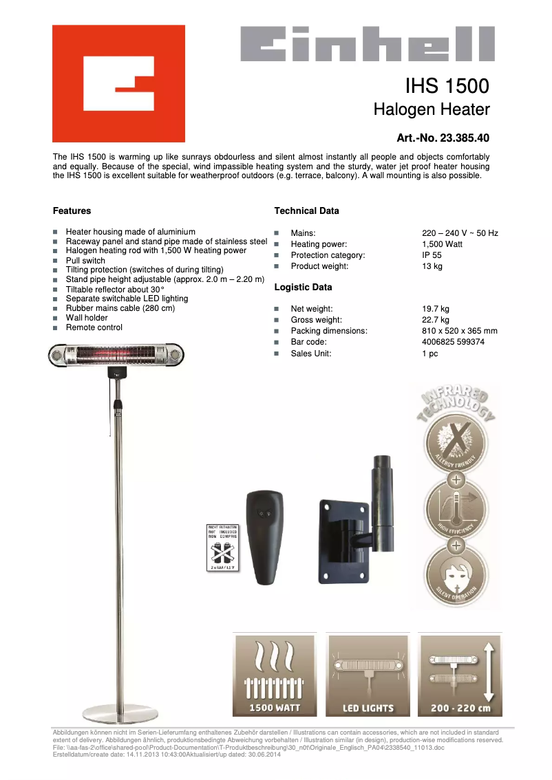 Página 1 del manual Ficha técnica Einhell IHS 1500