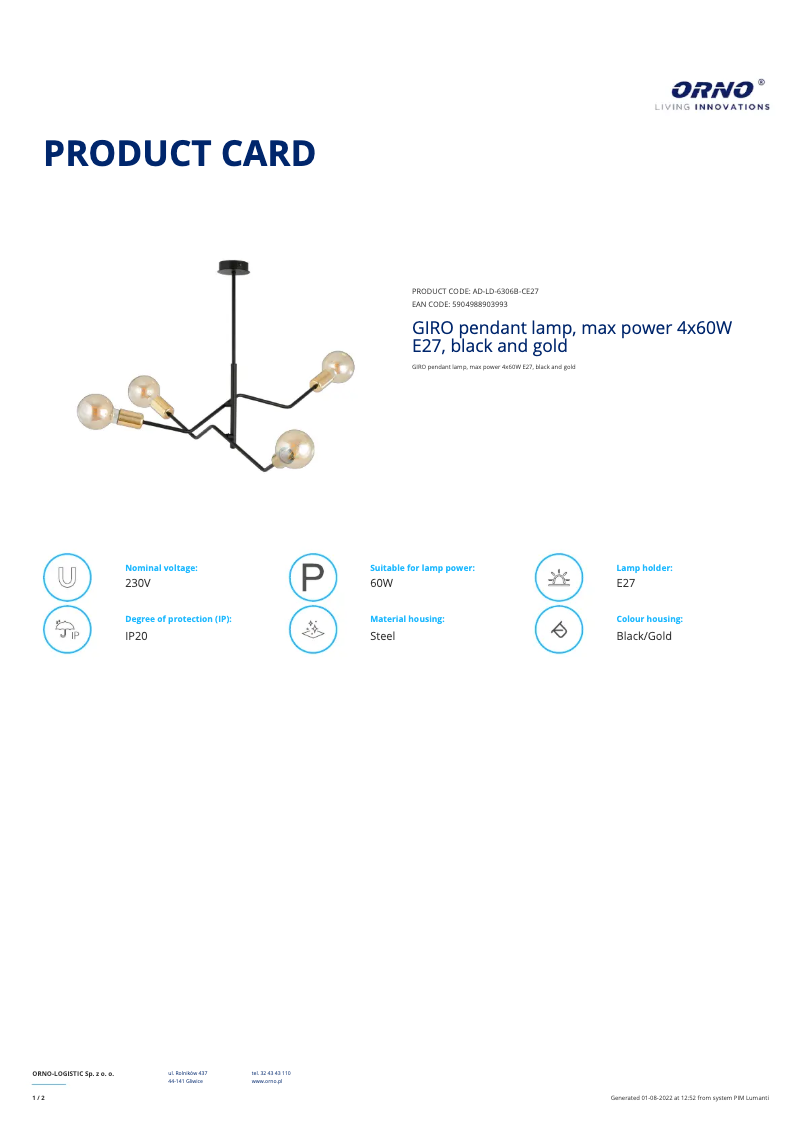 Página 1 del manual Ficha técnica Adviti AD-LD-6306B-CE27