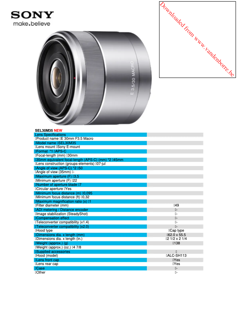 Página 1 del manual Ficha técnica Sony E 30mm F3.5 Macro