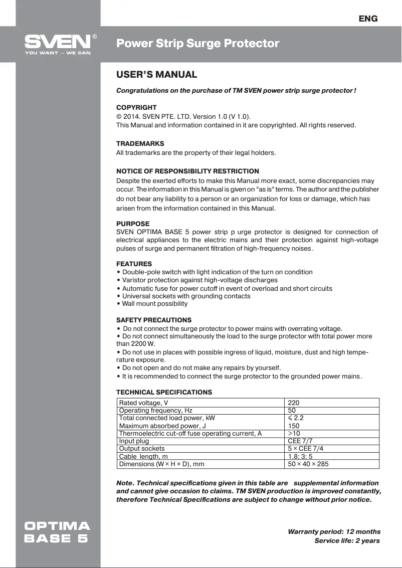 Página 1 del manual Manual de usuario Sven Optima Base 5