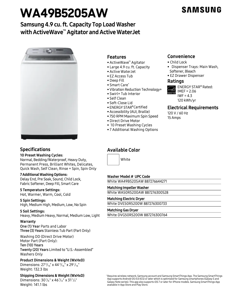 Página 1 del manual Ficha técnica Samsung WA49B5205AW