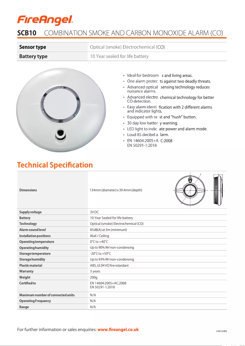 Página 1 del manual Ficha técnica FireAngel SCB10-R