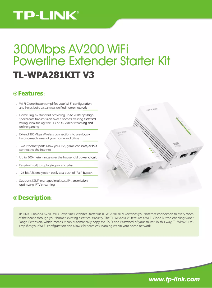 Imagen de la primera página del manual del dispositivo TL-WPA281