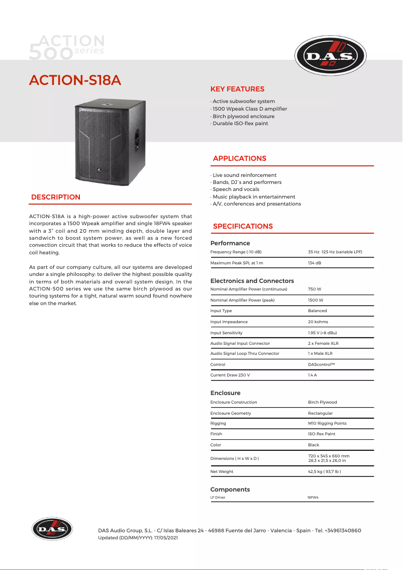 Página nº 1 - Ficha técnica DAS Audio Action-S18A