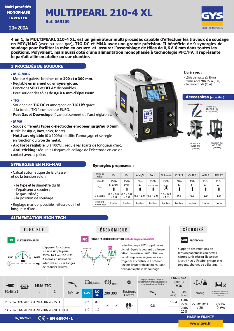 Página 1 del manual Ficha técnica GYS Multipearl 210-4 XL